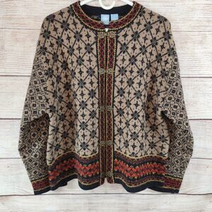 Vintage FROST Petite PL 100% Wool Nordic Cardigan Sweater Scroll Clasps FairIsle
